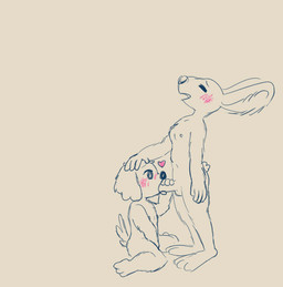 ambiguous_gender anthro blush duo fellatio female genitals gynomorph hand_on_head heart_symbol intersex kneeling kneeling_oral_position masturbation oral penile penis sex standing lewmett chicory_a_colorful_tale chicory_(chicory) pizza_(chicory) canid canine canis domestic_dog hare lagomorph leporid mammal nonbinary_(lore)