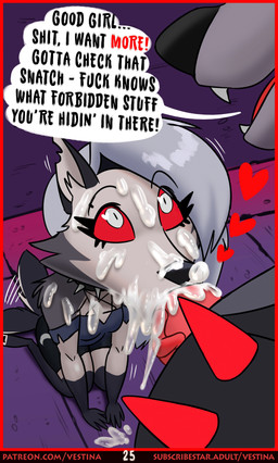 animal_genitalia animal_penis anthro anthro_on_anthro anthro_penetrated anthro_penetrating anthro_penetrating_anthro bdsm bodily_fluids canine_genitalia canine_penis cum cum_in_mouth cum_inside cum_on_face cum_string dialogue duo ejaculation fellatio female female_penetrated genital_fluids genitals good_girl grey_body kneeling male male/female male_penetrating male_penetrating_female oral oral_penetration penetration penile penile_penetration penis penis_in_mouth pet_praise petplay praise profanity roleplay sex text vein veiny_penis wet white_body vestina hellaverse helluva_boss mythology loona_(helluva_boss) vortex_(helluva_boss) canid canid_demon canine demon hellhound mammal mythological_canine mythological_creature 2025 absurd_res comic english_text hi_res