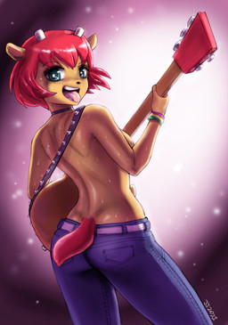 anthro bodily_fluids bottomwear breasts choker clothed clothing denim denim_bottomwear denim_clothing electric_guitar female guitar hair horn jeans jewelry looking_at_viewer looking_back looking_back_at_viewer musical_instrument necklace open_mouth pants plucked_string_instrument red_hair scut_tail short_hair short_tail shoulder_blades side_boob solo string_instrument sweat tail tongue tongue_out topless topless_female wristband john_joseco parappa_the_rapper sony_corporation sony_interactive_entertainment um_jammer_lammy lammy_lamb bovid caprine mammal sheep 2021 hi_res signature