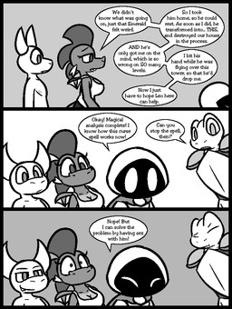 2_horns anthro armor bottomwear breastplate breasts cape clothing cute_fangs dialogue eyes_closed fangs female group horn looking_at_another looking_down male medium_breasts mouthless nipples no_pupils nude pants robe shirt shoulder_pads smile smirk speech_bubble surprised tank_top teeth text topwear wince ultilix european_mythology mythology caspar_(ultilix) leo_the_magician ruby_(ultilix) to-be-named-later amphibian demon dragon frog mythological_creature mythological_scalie scalie shadow_creature western_dragon 2025 comic english_text greyscale monochrome multiple_scenes