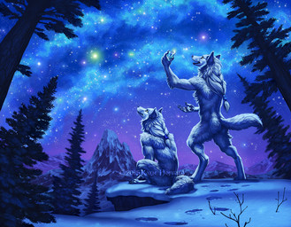 amazing_background anthro claws crystal detailed_background digitigrade duo female fur hair male mountain nature night nude open_mouth outside plant sitting sky snow standing star starry_sky teeth toe_claws tongue tree whiskers white_body white_fur white_hair yellow_eyes katie_hofgard canid canine canis mammal wolf 2015 detailed digital_media_(artwork)