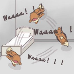 ambiguous_gender bed feral furniture inside open_mouth solo stress bccdl123456 nintendo pokemon eevee generation_1_pokemon pokemon_(species) hi_res