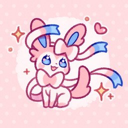 ambiguous_gender blue_eyes blush bow_(anatomy) dotted_background eyelashes feral fur heart_symbol open_:3 open_mouth pattern_background pink_body pink_fur ribbons_(anatomy) simple_background sitting solo sparkles shinydiaa nintendo pokemon eeveelution generation_6_pokemon pokemon_(species) sylveon 1:1 2026