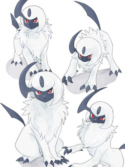ambiguous_gender claws feral fur hair horn looking_at_viewer red_eyes simple_background sitting solo tail white_body white_fur white_hair 6mphr nintendo pokemon absol generation_3_pokemon pokemon_(species) 2026 3:4 hi_res