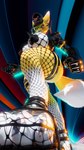 3d_(artwork) 4_fingers 4k 9:16 abstract_background absurd_res angry anthro bandai_namco big_breasts black_claws black_clothing black_hat black_headwear black_latex black_leather black_lips black_nose black_sclera blue_eyes breasts canid canine claws clothed clothing collar curled_tail digimon digimon_(species) digital_media_(artwork) ear_piercing ear_ring facial_markings fangs feet female female_anthro fever-dreamer fingers fishnet_clothing fishnet_legwear fishnet_topwear fist fluffy fluffy_tail fur gloves glowing glowing_eyes handwear harness hat head_markings headgear headwear hi_res hoop_ear_ring jacket latex latex_clothing latex_gloves latex_handware latex_handwear legwear lips looking_at_viewer looking_down looking_down_at_viewer mammal markings pasties piercing ring_piercing selfie snarling solo stepping_on_viewer symbol tail taomon taomon_(dogzeela) teeth toe_claws toes topwear white_body white_fur yellow_body yellow_fur