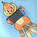 anthro countershading floating floating_on_water fur happy holding_object light_body logo male open_mouth open_smile orange_body orange_fur outside partially_submerged pokeball pokeball_(marking) ripples smile solo water waterscape wide_eyed colrblnd nintendo nintendo_switch pokemon buizel generation_4_pokemon mammal pokemon_(species) 1:1