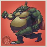 anthro armor belly bloodshot_eyes bracelet bulging_eyes cape claws clothing crown green_body green_scales headgear jewelry logo male muscular muscular_male nipples overweight red_background scales sharp_teeth simple_background smile solo teeth walking white_claws dragonfetus donkey_kong_(series) nintendo king_k._rool crocodile crocodilian reptile scalie 1:1 absurd_res artist_logo full-length_portrait hi_res portrait