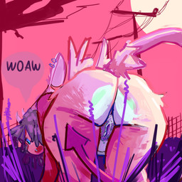 2_horns :o anthro being_watched bent_over butt butt_focus butt_tuft countershade_butt countershading distracted dreadlocks ear_piercing female female_anthro fence field first_person_view flower fur genitals grass horn lavender_(flower) long_tail looking_at_another looking_away low-angle_view medium_hair micro micro_pov multicolored_body multicolored_fur open_mouth outside overweight overweight_anthro piercing pink_body pink_fur pink_sky pink_tail plant power_lines pubes rabbit_ears sky solo spade_tail speech_bubble sun sunset tail text thick_thighs tuft two_tone_body two_tone_fur vulva wide_hips wings wisgoat salem_(wolfertinger) demon lagomorph leporid mammal rabbit 1:1 2025 colorful_theme digital_media_(artwork) english_text hi_res shaded sketch trans_(lore) trans_man_(lore)