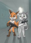 aisle anthro bad_trigger_discipline brown_eyes duo ears_up green_eyes gun handgun holding_gun holding_object holding_ranged_weapon holding_weapon male pistol ranged_weapon school smile smiling_at_another smiling_at_each_other tec-9 walking weapon young wolfyalex96 columbine intratec alaskan_malamute canid canine canis domestic_dog fox husky mammal nordic_sled_dog spitz hi_res