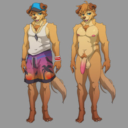 anthro areola balls big_penis blonde_hair blue_eyes chest_tuft clock clothed clothing ear_piercing flaccid foreskin front_view fur gauged_ear genitals glistening glistening_balls glistening_genitalia glistening_penis hair hat headgear headwear jewelry looking_at_viewer male narrowed_eyes navel necklace nipples nude open_mouth open_smile penis piercing pink_penis pubes short_hair simple_background smile solo standing swimming_trunks swimwear tail tan_body tan_fur topwear tuft vest watch wristband wristwatch 5_square_meters basil_(5_square_meters) bird_dog canid canine canis domestic_dog golden_retriever hunting_dog mammal retriever 1:1 absurd_res hi_res model_sheet