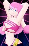 abstract_background anthro big_breasts blue_eyes breasts candy_lane cleavage clothed clothing female hair hands_behind_head looking_at_viewer navel pink_hair raised_arm skimpy smile solo thong underwear drake-rex canid canine canis domestic_dog mammal poodle absurd_res hi_res