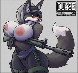 ag-3 anthro areola baseball_cap big_breasts black_body black_border black_fur blep border breasts clothing exposed_breasts eyewear female fluffy fur glasses gloves gun handwear hat headgear headwear holding_object holding_weapon huge_breasts inner_ear_fluff looking_at_viewer multicolored_body multicolored_fur nipples ranged_weapon rifle solo thick_thighs tongue tongue_out tuft two_tone_body two_tone_fur weapon white_body white_fur duase zinny_(duase) canid canine canis fox hybrid mammal wolf hi_res