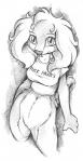 anthro bottomless breasts clothed clothing female fur genitals hair pussy shirt solo topwear conditional_dnp jay_naylor trixie_(jay_naylor) canid canine canis domestic_dog mammal monochrome traditional_media_(artwork)