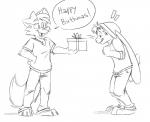 anthro barefoot birthday black_and_white bottomwear canid canine canis christmas clothed clothing comic dialogue domestic_dog english_text feet fully_clothed gift hat headgear headwear hi_res holidays jae_the_bunny lagomorph leporid mammal matt_riskely monochrome pants rabbit shirt text tinydeerguy topwear