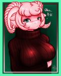 anthro big_breasts border breasts clothing female green_background green_border hair horn huge_breasts pink_hair simple_background solo sweater topwear turtleneck rearhwhitetail bovid caprine domestic_sheep mammal sheep absurd_res half-length_portrait hi_res portrait