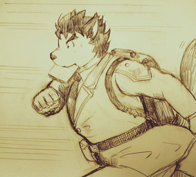 anthro bread clothing eat_and_run food male necktie running solo suit toast limecitron13 lifewonders live_a_hero dog_operator protagonist_(live_a_hero) canid canine canis domestic_dog mammal hi_res traditional_media_(artwork)