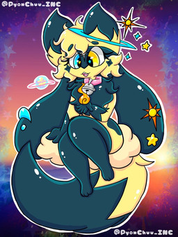 anthro blonde_hair blue_body blue_eyes blue_fur collar female fur hair heterochromia solo star sun yellow_body yellow_eyes lewdchuu nintendo pokemon jupiter_(lewdchuu) generation_4_pokemon pokemon_(species) riolu shiny_pokemon 3:4