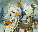 anthro bow_(weapon) duo evergreen_tree eye_contact hand_holding looking_at_another male pine_tree plant ranged_weapon snow tree using_wings weapon wing_hold winged_arms wings winter young sheep_riritoto nintendo tears_of_the_kingdom the_legend_of_zelda teba_(tloz) tulin_(tloz) avian bird rito father_(lore) father_and_child_(lore) father_and_son_(lore) parent_(lore) parent_and_child_(lore) parent_and_son_(lore) son_(lore)