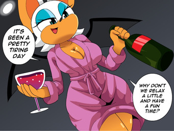 5_fingers anthro bathrobe big_breasts bottle breasts clothing container cup dialogue drinking_glass eyelashes female fingers glass glass_container glass_cup hair open_mouth robe solo tan_body tan_skin text tongue white_hair wine_glass carliabot sega sonic_the_hedgehog_(series) rouge_the_bat bat mammal 2026 4:3 english_text
