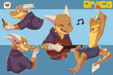acoustic_guitar anthro bandaged_hand blue_bottomwear blue_clothing blue_shorts bottomwear cheek_spikes closed_smile clothed clothing eyes_closed facial_spikes glistening glistening_eyes guitar horn lying male mouth_closed musical_instrument on_front open_mouth open_smile orange_body playing_guitar playing_music plucked_string_instrument purple_clothing purple_topwear red_clothing red_topwear shorts simple_background sitting smile solo spikes spikes_(anatomy) string_instrument topless topwear white_horn yellow_body kuttoyaki kobold scalie hi_res
