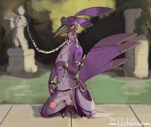 anthro balls bodily_fluids bound chain chained crouching disembodied_hand duo feathers genitals humanoid_genitalia jewelry looking_at_viewer male multicolored_body purple_body slave yellow_eyes impwolsniw anon winslow_(impwolsniw) avian absurd_res hi_res