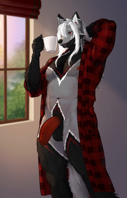 anthro balls bathrobe big_penis black_body black_fur casual_nudity claws clothing coffee_mug curved_penis facial_hair foreskin fur genitals goatee grey_body grey_fur hair half-erect hot_drink interior_background long_hair male markings morning muscular muscular_male navel nipples open_mouth pattern_clothing penis plaid plaid_bathrobe plaid_clothing red_eyes red_markings red_nipples red_penis red_tongue robe solo stretching tired_eyes tongue white_claws white_facial_hair white_goatee white_hair white_markings window lulywoolf jace_ehnon canid canine fox mammal absurd_res hi_res