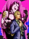 aura blonde_hair business_suit clothed clothing duo fully_clothed hair looking_at_viewer male red_eyes standing suit charleian jojo's_bizarre_adventure killer_queen yoshikage_kira animal_humanoid cat_humanoid felid felid_humanoid feline feline_humanoid human humanoid mammal mammal_humanoid stand_(jjba) meme