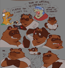 anthro bodily_fluids brown_body brown_fur clothed clothing crossed_arms crying dialogue electronics expressions fully_clothed fur gaming gesture group half-closed_eyes hand_gesture headphones making_faces male narrowed_eyes overweight overweight_male shirt tears text thumbs_up tongue tongue_out topwear trio trying_not_to_laugh yell krunnnnnch animal_crossing ishowspeed my_mom_is_kinda_homeless nintendo nintendo_switch pogchamp crazy_redd lyle_(animal_crossing) tom_nook_(animal_crossing) canid canine fox mammal mustelid otter raccoon_dog tanuki digital_media_(artwork) english_text meme multiple_images sketch_page