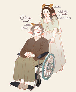 ^_^ anthro bottomwear brown_clothing brown_hair brown_topwear chair clothing digit_ring dress duo eyes_closed female footwear fur furniture green_bottomwear green_clothing green_dress green_skirt grey_hair hair jewelry long_hair on_chair open_mouth pushing_wheelchair ring shoes simple_background sitting sitting_on_chair skirt small_tail smile sweater tail tan_background tan_clothing tan_footwear tan_shoes text topwear vehicle walking wedding_ring wheelchair white_body white_clothing white_fur white_sweater white_topwear booboo34 glenda_dalton victoria_dalton bovid caprine goat mammal 2023 absurd_res english_text hi_res thai_text daughter_(lore) mother_(lore) mother_and_child_(lore) mother_and_daughter_(lore) parent_(lore) parent_and_child_(lore) parent_and_daughter_(lore)