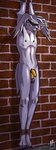 anthro ball_stretcher band-aid bandage blindfold blindfold_only bound chastity_cage chastity_device ear_piercing eyebrow_piercing facial_piercing feet_tied hands_tied lean_body male nipple_piercing nipples nude piercing slim solo iudicium86 bandai_namco digimon digimon_(species) gazimon hi_res