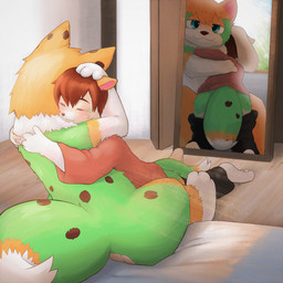 3_fingers ambiguous_gender anthro bed bedroom blue_eyes brown_hair clothing costume duo eyes_closed fingers fur furniture fursuit green_body green_fur hair hug hugging_another human_to_anthro male markings mid_transformation mirror mirror_reflection multicolored_body multicolored_fur on_bed orange_body orange_fur red_clothing red_shirt red_topwear reflection shirt sitting sitting_on_bed smile species_transformation spots spotted_body spotted_fur topwear transformation unaware_transformation white_body white_fur 856_i canid canine human mammal 1:1 hi_res