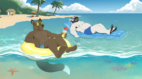 5_fingers anthro beach blue_bottomwear blue_clothing blue_shorts bottomwear brown_body brown_fur clothed clothing cloud coral_reef day duo eyewear featureless_chest fingers floating flotation_device fur glasses hand_in_water holding_glass holding_object inflatable_mattress lying male nipples on_back outside palm_tree plant relaxing round_glasses sea shorts sky smile sunglasses swimming_trunks swimwear topless topless_anthro topless_male tree umbrella_drink water white_body white_fur armorine lutz_otamo tero_otamo ambient_sealife ambient_starfish anthozoan bear civet cnidarian coral mammal marine palm_civet polar_bear ursine viverrid 16:9 digital_media_(artwork) hi_res widescreen