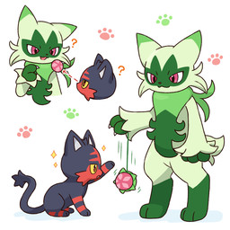ambiguous_gender anthro claws directional_arrow disembodied_head duo feral footprint fur green_body green_fur grey_body grey_fur open_mouth pawprint paws pink_eyes playing question_mark red_eyes simple_background sitting sparkles tail yellow_sclera yo-yo nekogyo122 nintendo pokemon felid feline floragato generation_7_pokemon generation_9_pokemon litten mammal pokemon_(species) 1:1 2024 hi_res