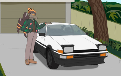anthro biped bottomwear brown_clothing brown_hair brown_shirt brown_topwear car clothed clothed_anthro clothed_male clothing day driveway fingers floral_print footwear front_view grass grey_body grey_scales hair hand_in_pocket happy humanoid_hands jacket looking_at_viewer male open_clothing open_jacket open_topwear orange_body orange_eyes orange_scales outside pants plant pockets pose scales scar shadow shirt shoes short_hair smile solo standing tan_bottomwear tan_clothing tan_pants topwear tree vehicle wings marunishkek cavemanon_studios goodbye_volcano_high ko_op_(game_developer) snoot_game toyota toyota_ae86 naser_(gvh) prehistoric_species pterodactylus pterosaur reptile scalie absurd_res colored hi_res shaded