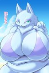 anthro big_breasts bikini breasts cleavage clothed clothing curvy_figure day female female_anthro fur green_eyes huge_breasts kemono looking_at_viewer open_mouth outside overweight overweight_anthro overweight_female solo swimwear text thick_thighs two-piece_swimsuit voluptuous white_body white_fur wide_hips cocolog roko_(cocolog) canid canine canis mammal wolf