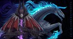 ambiguous_gender armor blue_mane duo feral fire flaming_hair flaming_mane front_view grey_body grey_scales grey_wings holding_melee_weapon holding_object holding_sword holding_weapon looking_at_viewer male mane melee_weapon membrane_(anatomy) membranous_wings mouth_closed narrowed_eyes open_mouth pseudo_hair pseudo_mane purple_eyes red_wings scales sharp_teeth side_view simple_background sword teeth text weapon wings santanahoffman humanoid 2025 artist_name dated hi_res