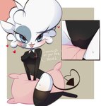 2021 anthro black_nose blue_eyes bodily_fluids breasts clothing cute_fangs female genital_fluids heart_eyes heart_symbol hi_res legwear looking_at_viewer mammal nipple_outline oopsynsfw pillow rodent smile solo stockings tongue tongue_out vaginal_fluids white_body
