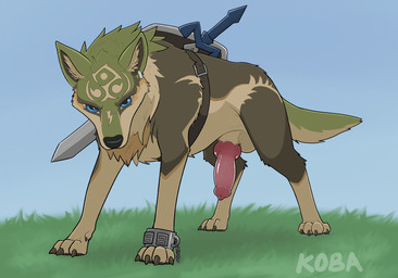 animal_genitalia animal_penis balls blue_eyes breathing canine_genitalia canine_penis claws cuff_(restraint) digitigrade ear_piercing ear_ring erection feral finger_claws fur genitals grass green_body green_fur inner_ear_fluff knot knotted_penis leg_markings looking_at_viewer male male_feral markings master_sword melee_weapon penis piercing plant quadruped restraints ring_piercing shackles shield snout socks_(marking) solo sword tail tail_motion tailwag throbbing throbbing_penis toe_claws tuft weapon koba nintendo the_legend_of_zelda link_(wolf_form) canid canine canis mammal wolf animated shaded signature