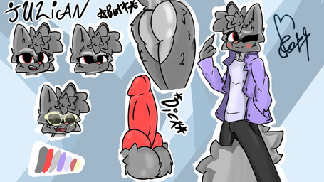 animal_genitalia animal_penis anthro balls big_butt big_tail black_bottomwear black_clothing black_pants bottomwear butt canine_genitalia canine_penis clothing eyes_closed eyewear femboy fluffy fluffy_balls fluffy_hair fur genitals glasses grey_body grey_fur hair jacket male mouth_closed nude open_mouth pants penis purple_clothing purple_jacket purple_shirt purple_t-shirt purple_topwear red_eyes shirt simple_background solo t-shirt tail text topwear two_color_fur wearing_glasses yellow_eyewear yellow_glasses scotthzz vinogor julian_(vinogor) canid canine canis mammal wolf 16:9 digital_media_(artwork) english_text hi_res model_sheet widescreen