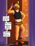 anthro briefs bulge clothed clothing crop_top dialogue footwear holidays in_doorway male midriff navel pantsless shirt shoes socks solo talking_to_viewer tank_top text topwear underwear fuze halloween fuzeyeen hyena mammal spotted_hyena 3:4 english_text hi_res