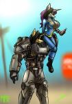 anthro armor bioluminescence bottle breasts cleavage clothed clothing container duo female glowing glowing_eyes horn machine nuka-cola overalls power_armor vault_suit tacticalfur fallout hasbro microsoft my_little_pony mythology amber_steel aura_spark equid equine mammal mythological_creature mythological_equine unicorn 2016 hi_res