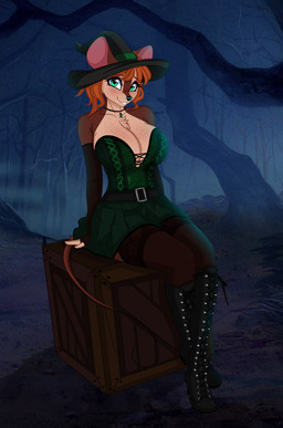 anthro bangs big_breasts blush boots breasts chest_tuft choker cleavage clothed clothing costume eyelashes eyeshadow female footwear forest freckled_breasts freckled_chest freckled_face freckles hair halloween_costume hat headgear headwear holidays jewelry laced_boots legwear long_eyelashes makeup necklace night orange_hair plant purple_eyeshadow shoes smile solo stockings tree tuft witch_costume witch_hat conditional_dnp m1dnightleop4rd an_american_tail don_bluth halloween bridget_(an_american_tail) mammal mouse murid murine rodent hi_res