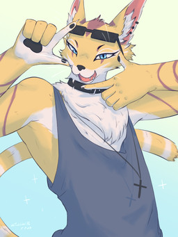 anthro blue_eyes clothing collar cross cross_necklace ear_piercing eyewear fingerpads fur jewelry looking_at_viewer male necklace open_mouth pawpads piercing shirt simple_background smile solo sunglasses topwear whiskers yellow_body yellow_fur trololohstuffs likime_(liki) felid feline mammal serval 2023 3:4 digital_media_(artwork) half-length_portrait hi_res portrait
