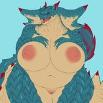 anthro areola big_breasts blue_body breasts female genitals horn looking_at_viewer nipples nude pussy simple_background solo tail thick_thighs tolerain capcom monster_hunter lagiacrus leviathan_(mh) absurd_res hi_res