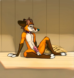 animal_genitalia animal_penis anthro biped brown_body brown_fur canine_genitalia canine_penis collar collar_only ears_down embarrassed_horny femboy floor front_view fur genitals green_eyes inside knot light male nude nude_male orange_body orange_fur penis pivoted_ears presenting purple_collar sitting sitting_on_ground solo sunlight sunny teal_nose teeth white_body white_fur wood wood_floor allegrofox allegro_(allegrofox) canid canine fox mammal red_fox true_fox 2025 digital_media_(artwork) hi_res