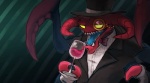 alcohol anthro beverage black_clothing bow_(feature) bow_tie clothing eyewear green_background green_eyes hat headgear headwear horn monocle open_mouth open_smile pattern_background red_body sharp_teeth shirt simple_background smile solo striped_background teeth toony top_hat topwear wine artsed league_of_legends riot_games tencent cho'gath_(lol) arthropod monster void_monster void_(disambiguation) 2013 bust_portrait colored digital_media_(artwork) portrait shaded signature