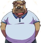 anthro belly blush brown_body brown_fur clothing eyewear fur glasses kemono male mature_male overweight overweight_male shirt solo topwear emufu canid canine canis domestic_dog mammal