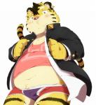 anthro blush clothed clothing eyebrows hair kemono male midriff navel overweight overweight_anthro overweight_male pink_nose simple_background slightly_chubby solo stripes suit underwear white_background hinami felid mammal pantherine tiger hi_res