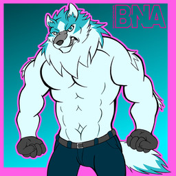 abs angry anthro belt biceps blue_background blue_body blue_eyes blue_fur border bottomwear claws clothed clothing denim denim_bottomwear denim_clothing fist front_view frown fur gloves growling handwear jeans logo male muscular muscular_anthro muscular_arms muscular_male navel neck_tuft outline pants pecs pink_border pink_outline sharp_teeth shirtless shirtless_anthro shirtless_male simple_background snarling solo standing tail teeth topless topless_male tuft white_body white_fur grizzlykubz brand_new_animal studio_trigger shirou_ogami canid canine canis mammal wolf 1:1 2026 digital_drawing_(artwork) digital_media_(artwork) hi_res portrait three-quarter_portrait