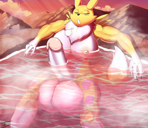 anthro balls big_balls big_breasts big_penis bodily_fluids breasts casual_erection cloud countershading erection genitals gynomorph hot_spring huge_balls huge_breasts huge_penis hyper hyper_balls hyper_breasts hyper_genitalia hyper_penis intersex mountain penis solo sunset sweat sweatdrop training water tohilewd bandai_namco digimon canid canine digimon_(species) mammal renamon absurd_res hi_res